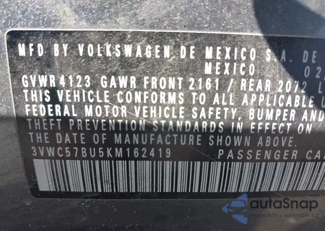 2019 Volkswagen Jetta 1.4T R-Line/1.4T S/1.4T Se from USA, damaged, VIN 3VWC57BU5KM162419